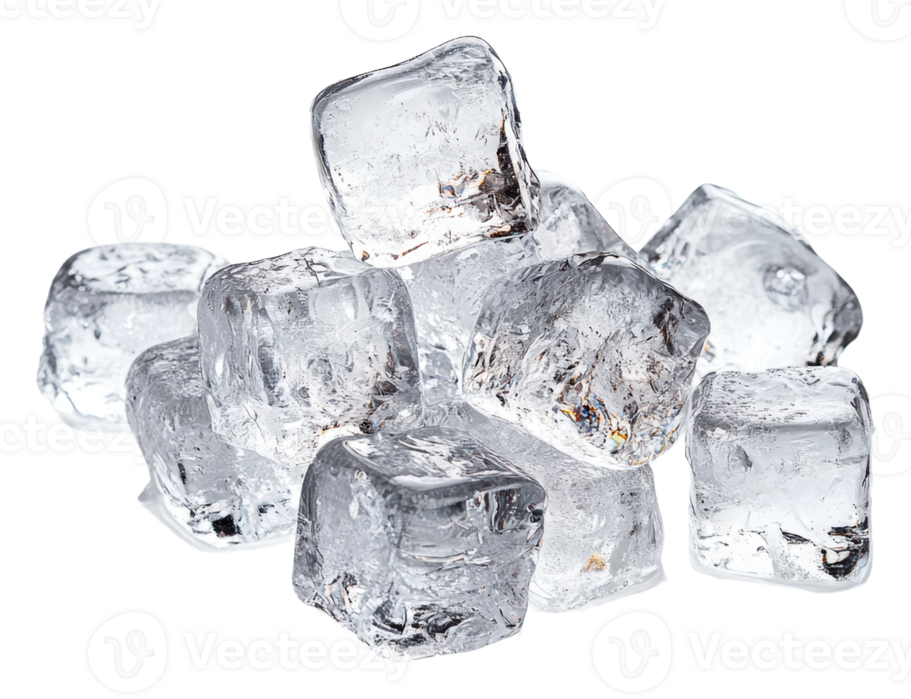 Clear ice cubes stacked on a white background png