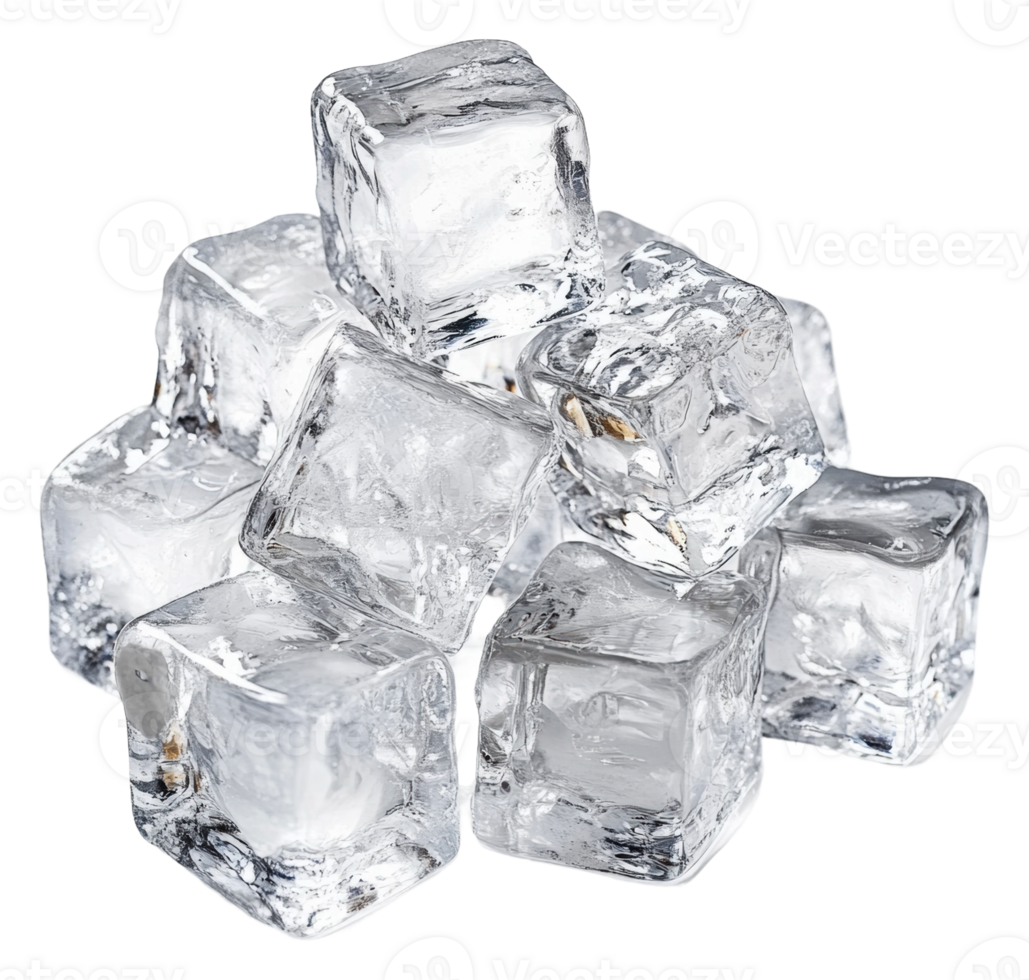 Clear ice cubes stacked on a white background png