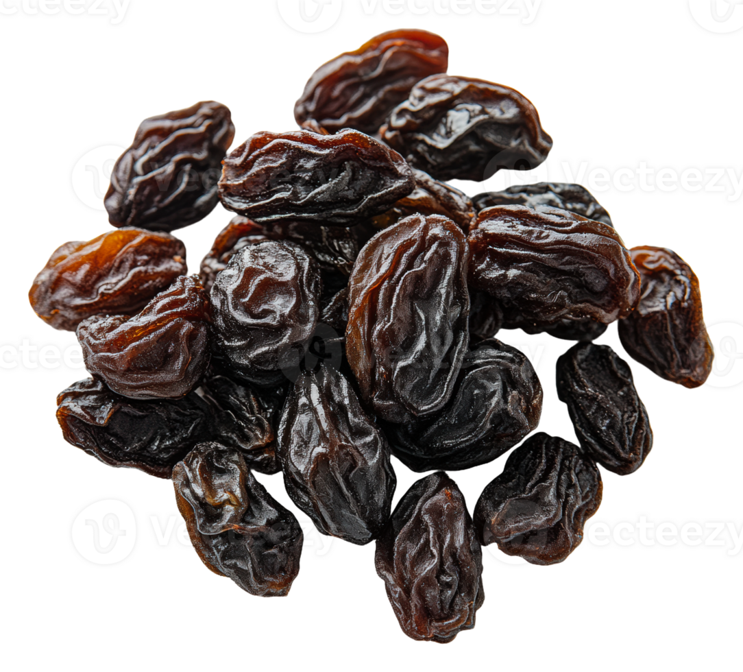 Dried black raisins displayed on a white surface png