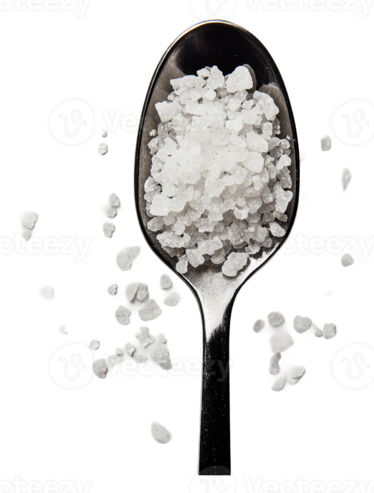 Close-up view of sea salt on a silver spoon png
