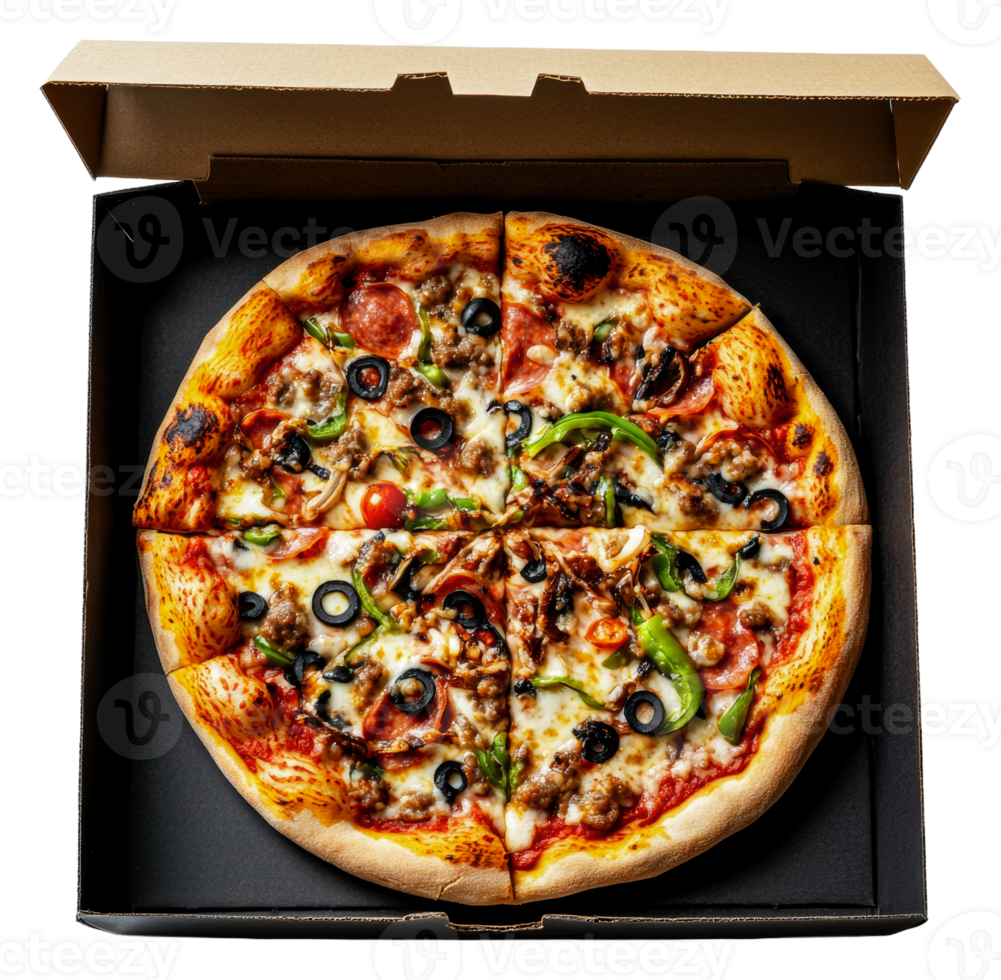 Freshly baked pepperoni and veggie pizza in a box png