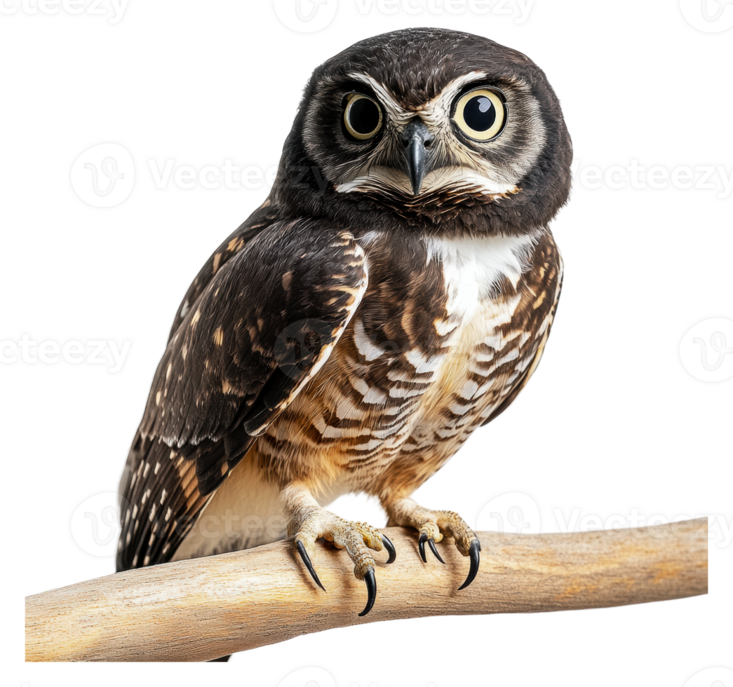 Owl perched on branch with striking features png