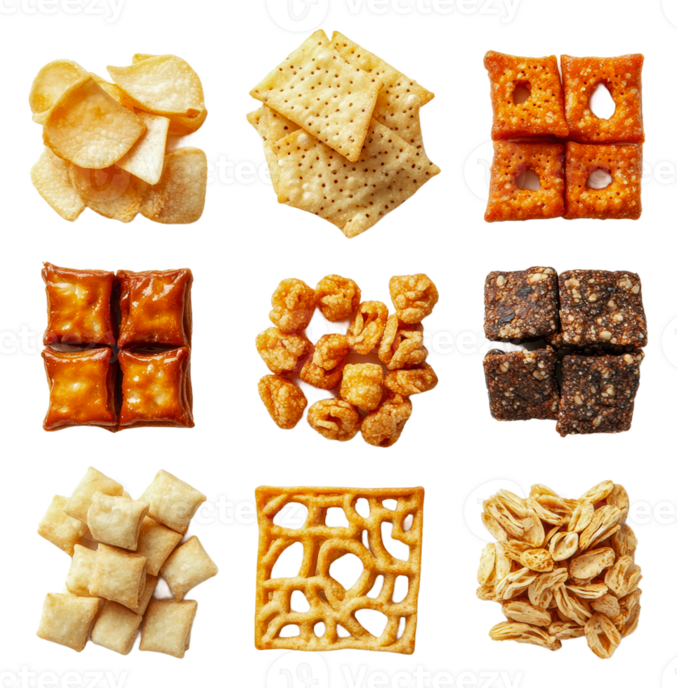 Neatly arranged assorted snacks png