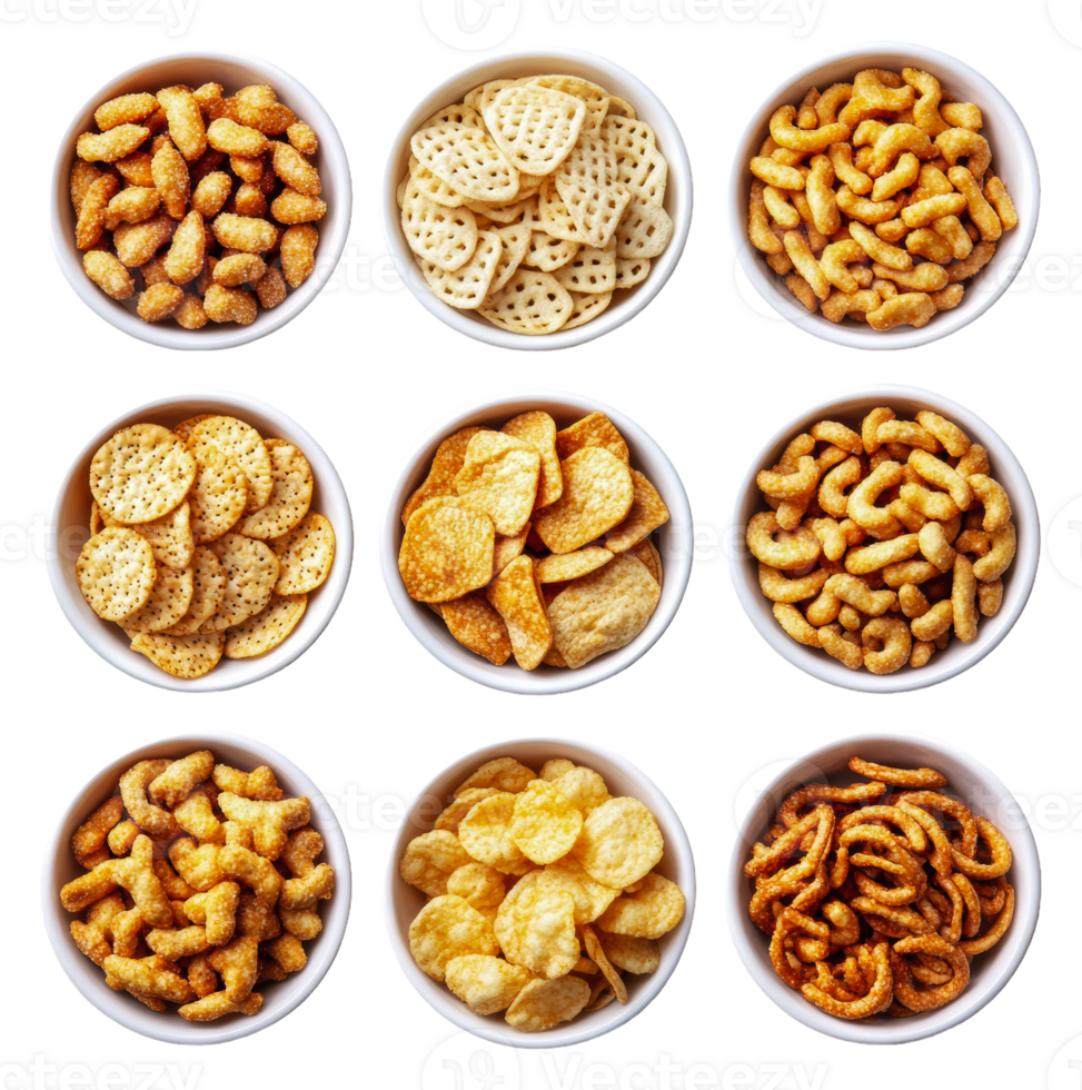Assorted snacks in bowls arranged on a table png