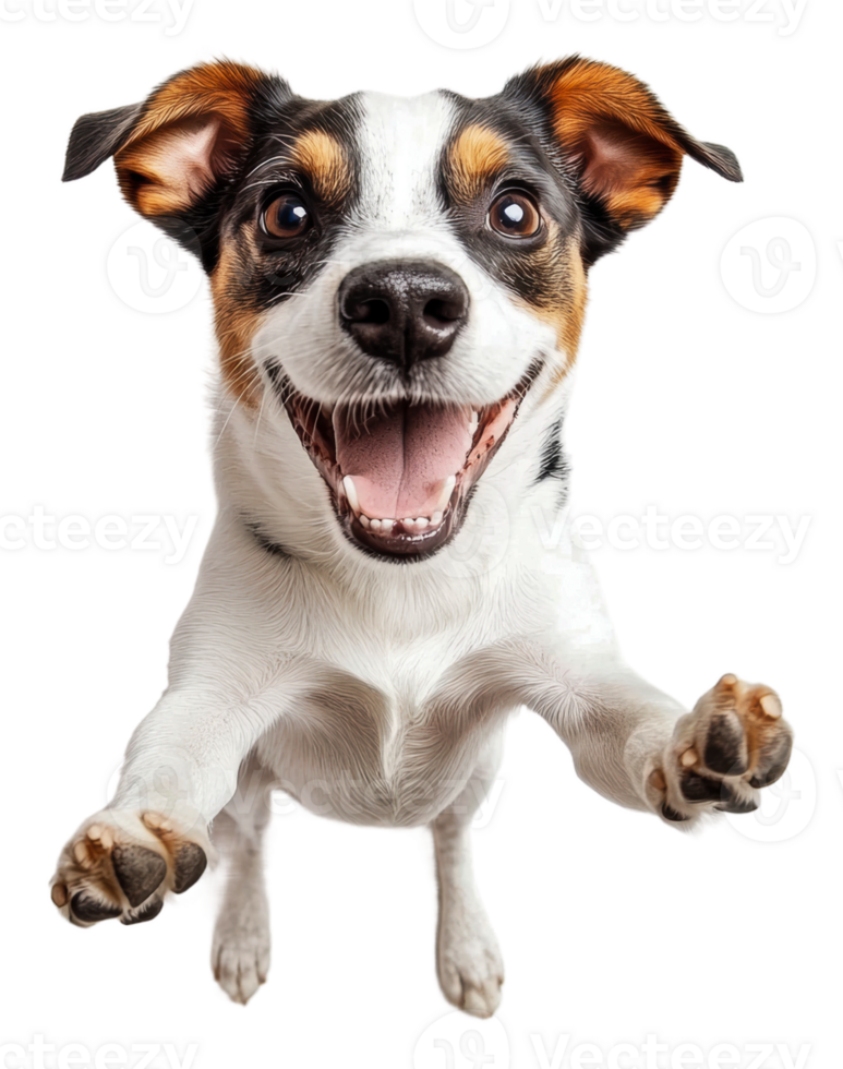 Happy dog jumping in playful excitement indoors png