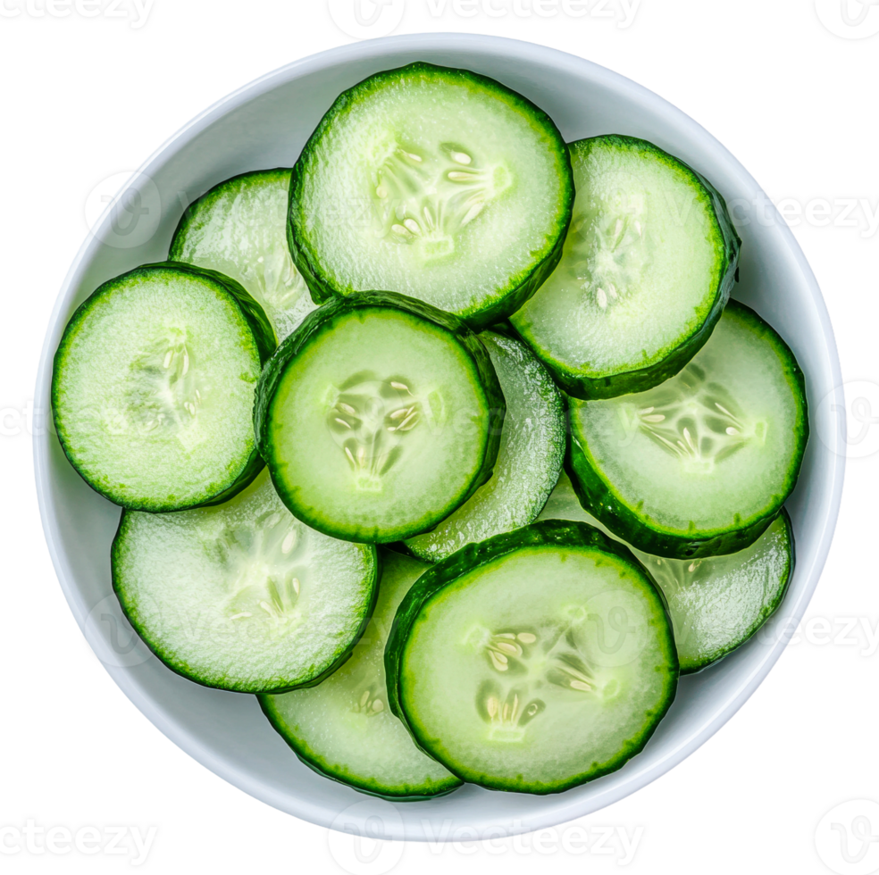 Freshly sliced cucumber in a white bowl png