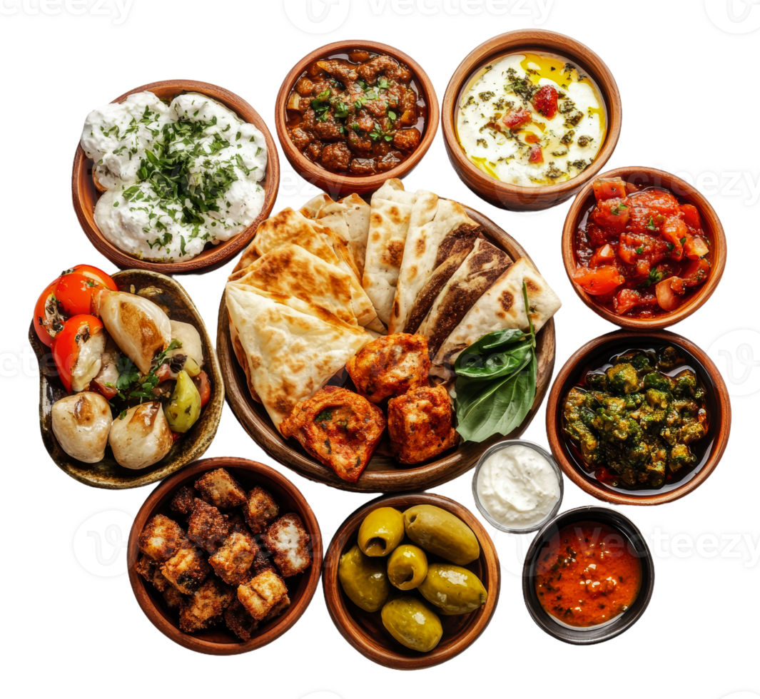 Colorful Mediterranean dishes on a table png