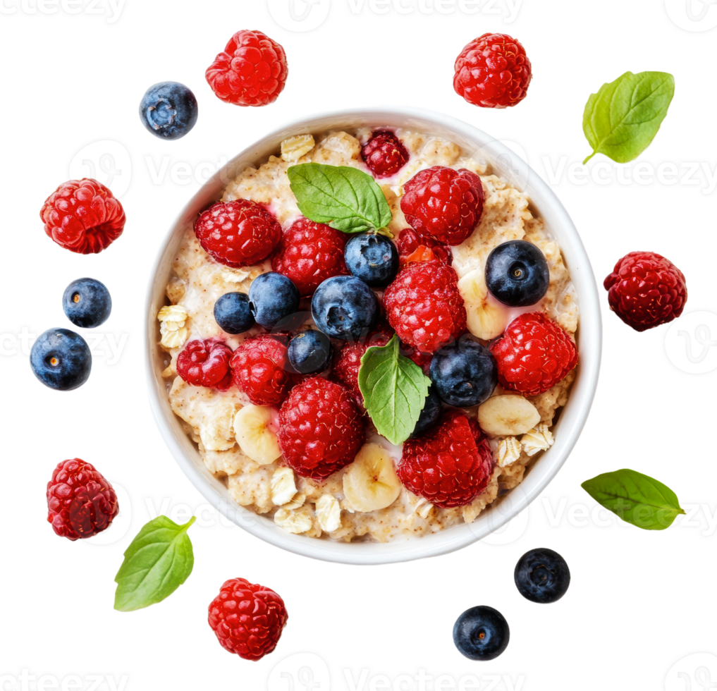 Healthy breakfast bowl with fresh berries and oats png
