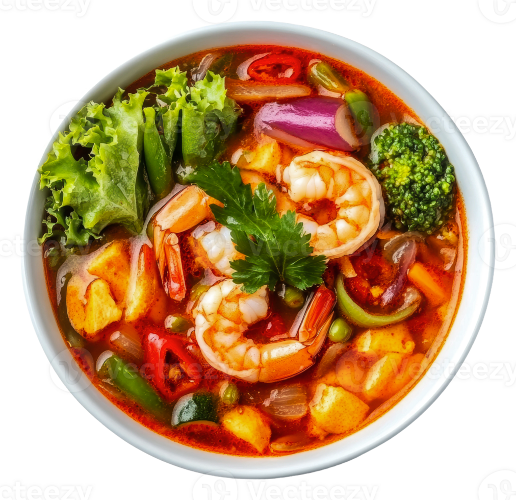 Spicy shrimp soup with fresh vegetables served hot png