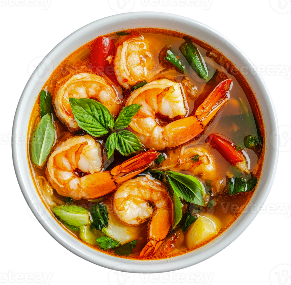 Savory shrimp soup with fresh herbs and vegetables png