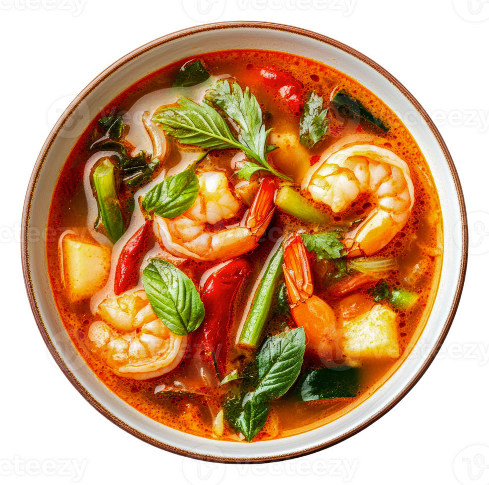 Flavorful shrimp soup with vegetables in a bowl png