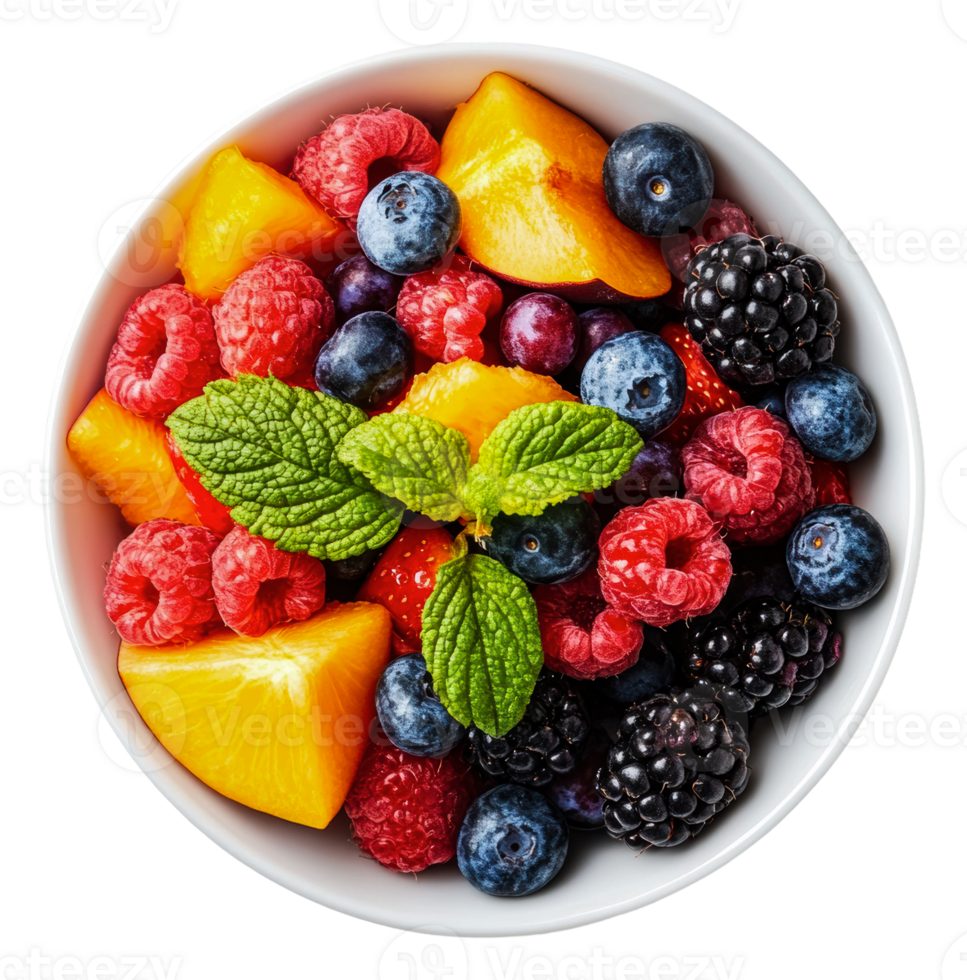 Vibrant fruit salad with berries peaches png