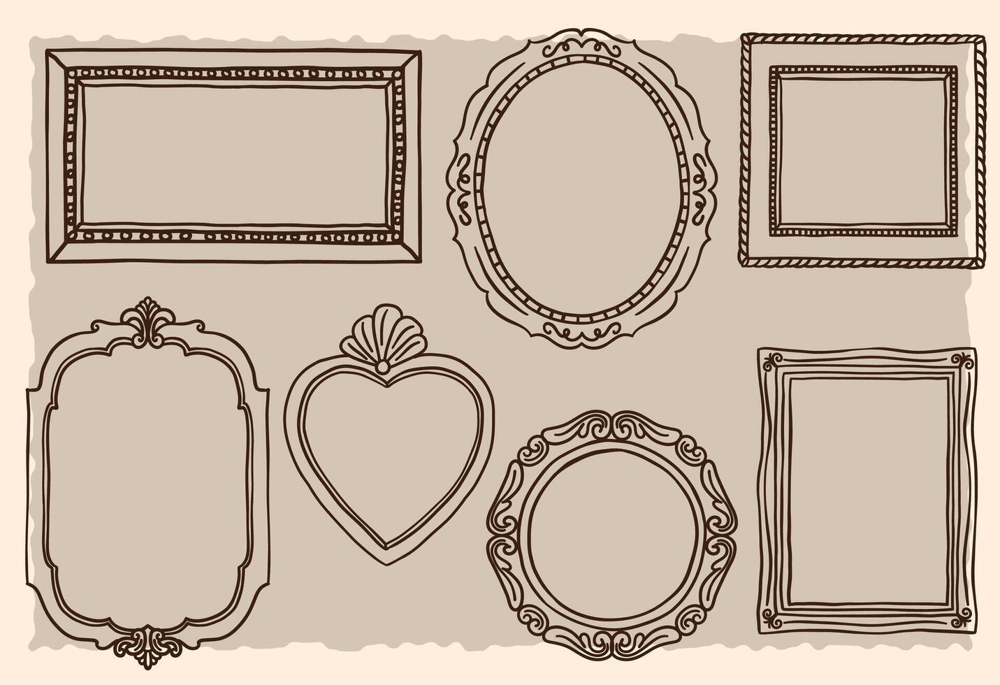 Hand drawn line art or doodle of picture frames or paintings, vintage style vector