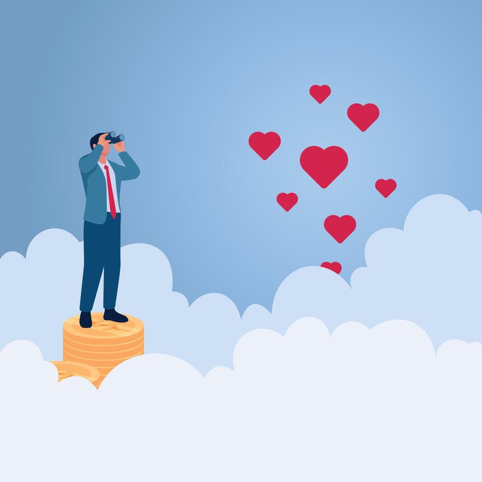 A man stands on a pile of coins looking at hearts flying in the sky, an illustration of looking for passion. vector