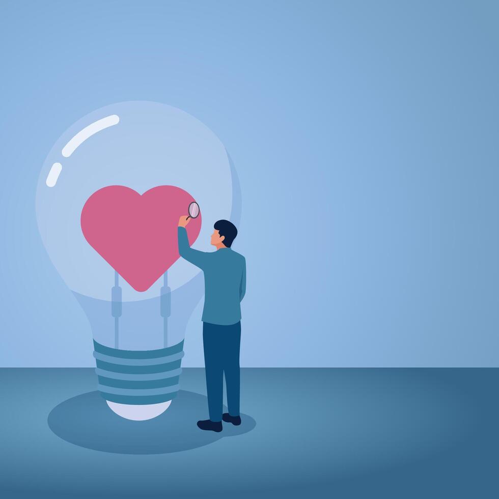 A man looks at a heart in a lamp glass through a magnifying glass, an illustration of looking for passion. vector