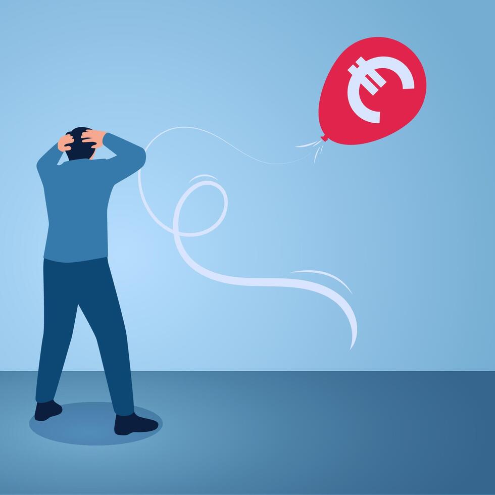 A man is surprised to see a flying euro balloon, an illustration of euro inflation. vector