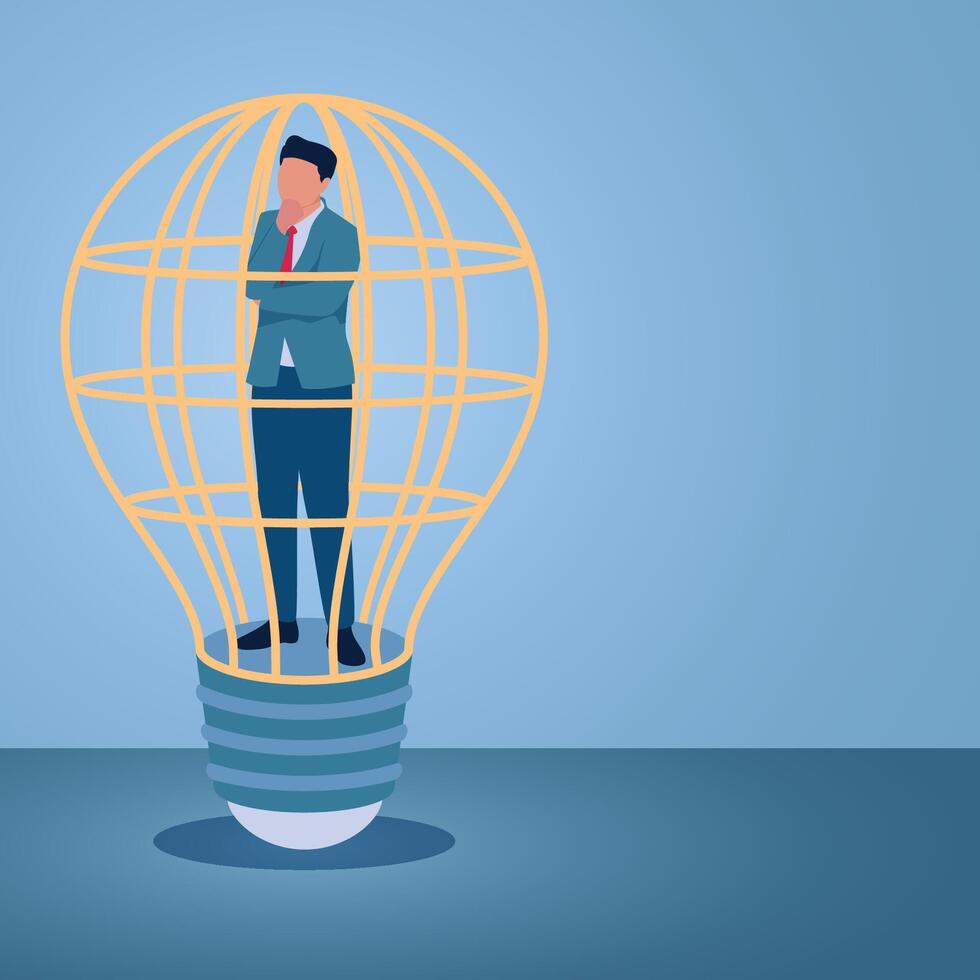 A man thinking inside an idea lamp prison, an illustration for a fixed mindset. vector