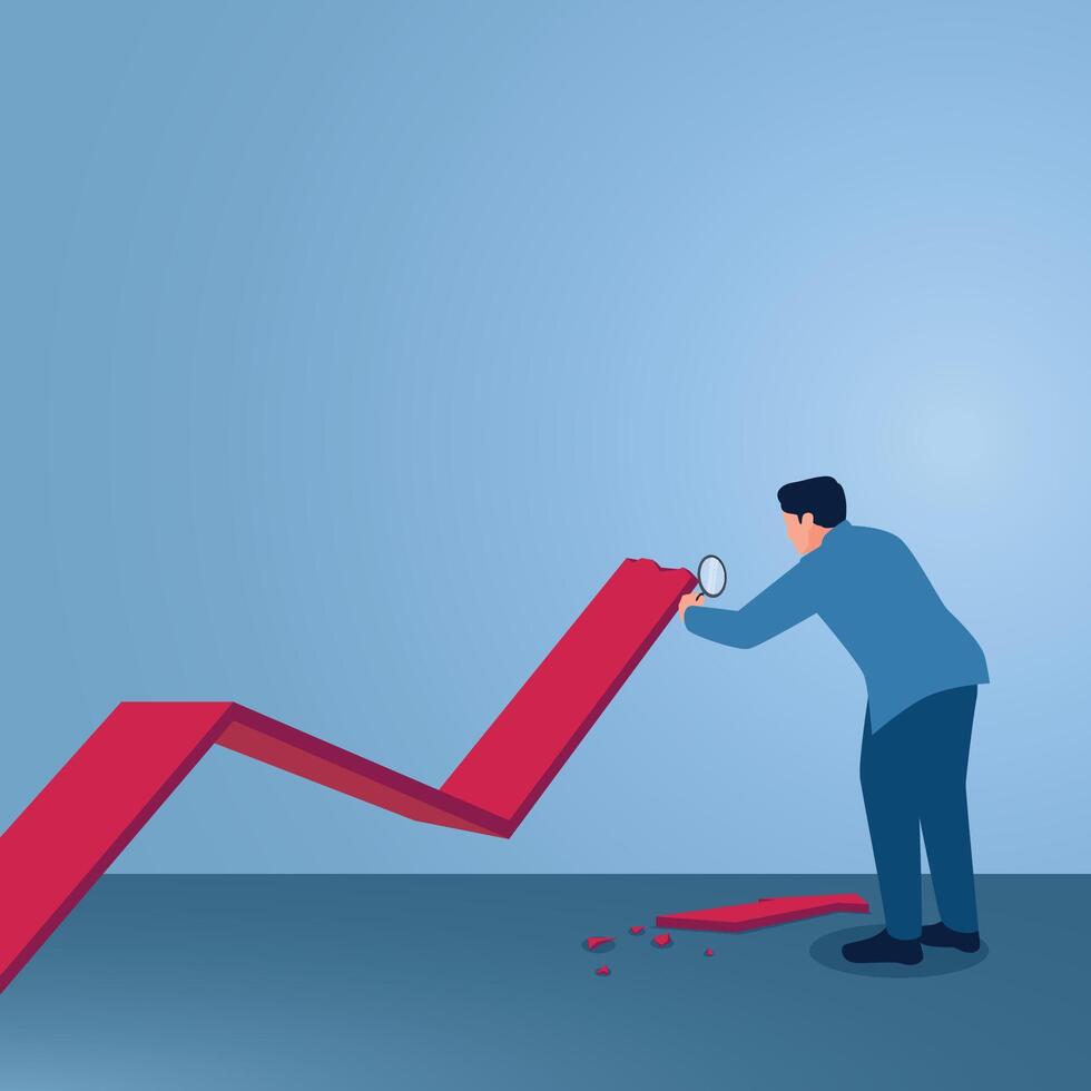 A man holding a magnifying glass to examine a broken graph, an illustration of learning from mistakes, self-development, error analysis, never giving up. vector