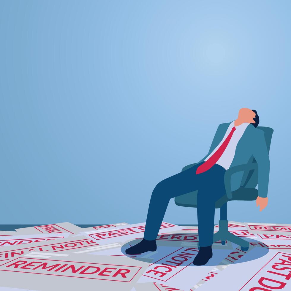 A man sits resignedly on a chair while the floor is scattered with piles of bills, an illustration of late bills, financial problems, budgeting failures, financial planning failures. vector