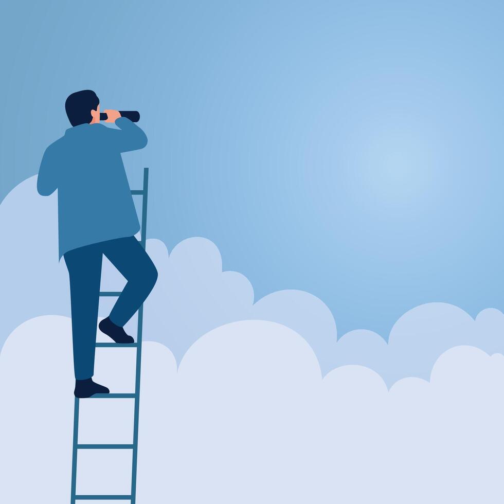 A man surveys the sky by climbing a ladder, an illustration for vision. vector