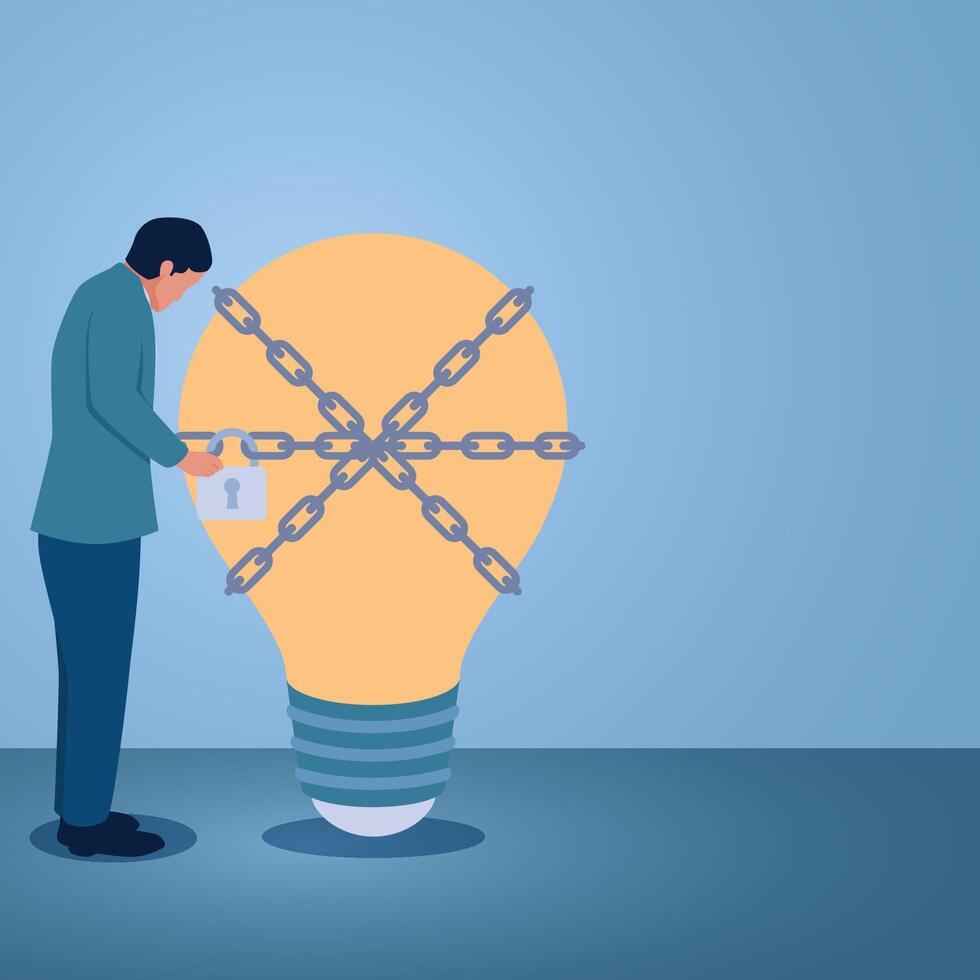 A man holds a padlock chaining an idea lamp, an illustration for a fixed mindset. vector