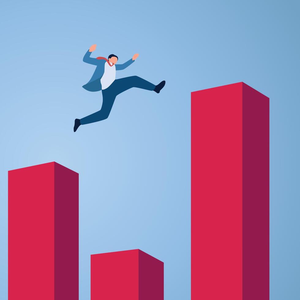 A man jumps on a graph a long distance, an illustration of overcoming an obstacle. vector