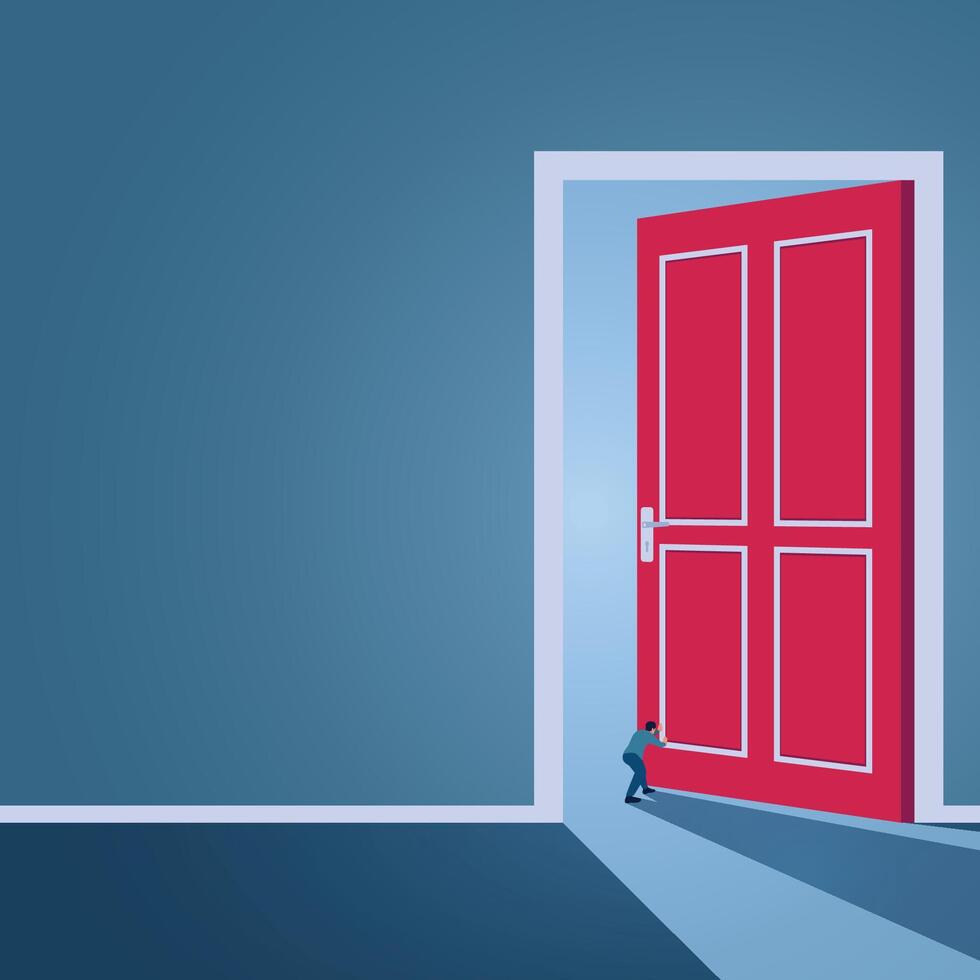 A man pushes vigorously against a large door, an illustration of big dreams. vector