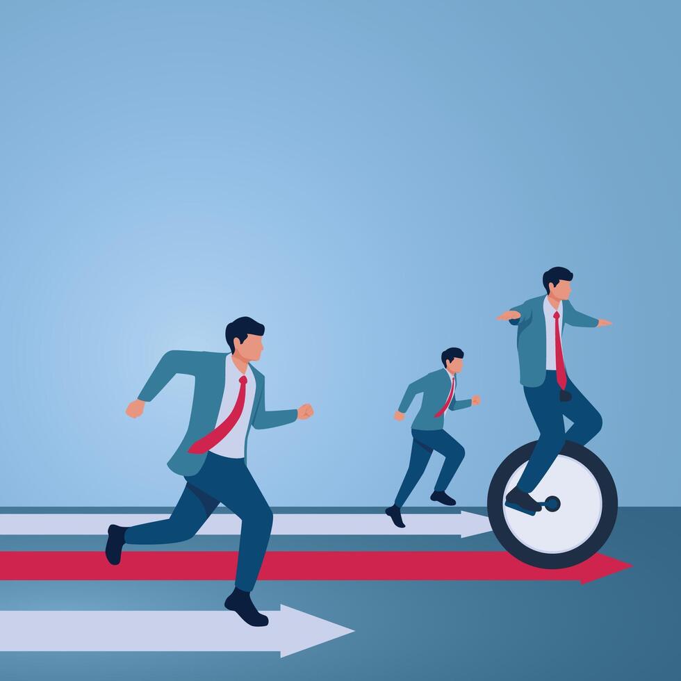 A man riding a wheel overtakes another who is running, an illustration of competitive advantage. vector