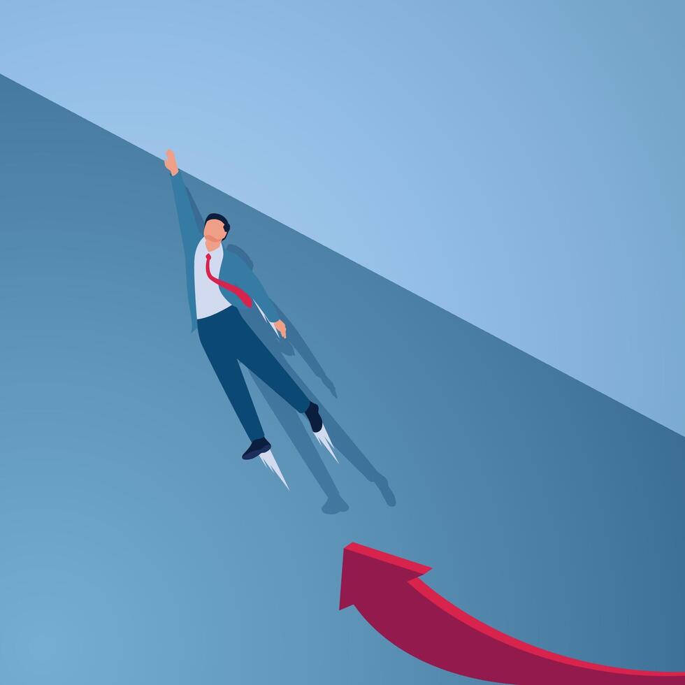 A man jumps from a graphic arrow towards a high wall to get over it, an illustration of passing an obstacle. vector
