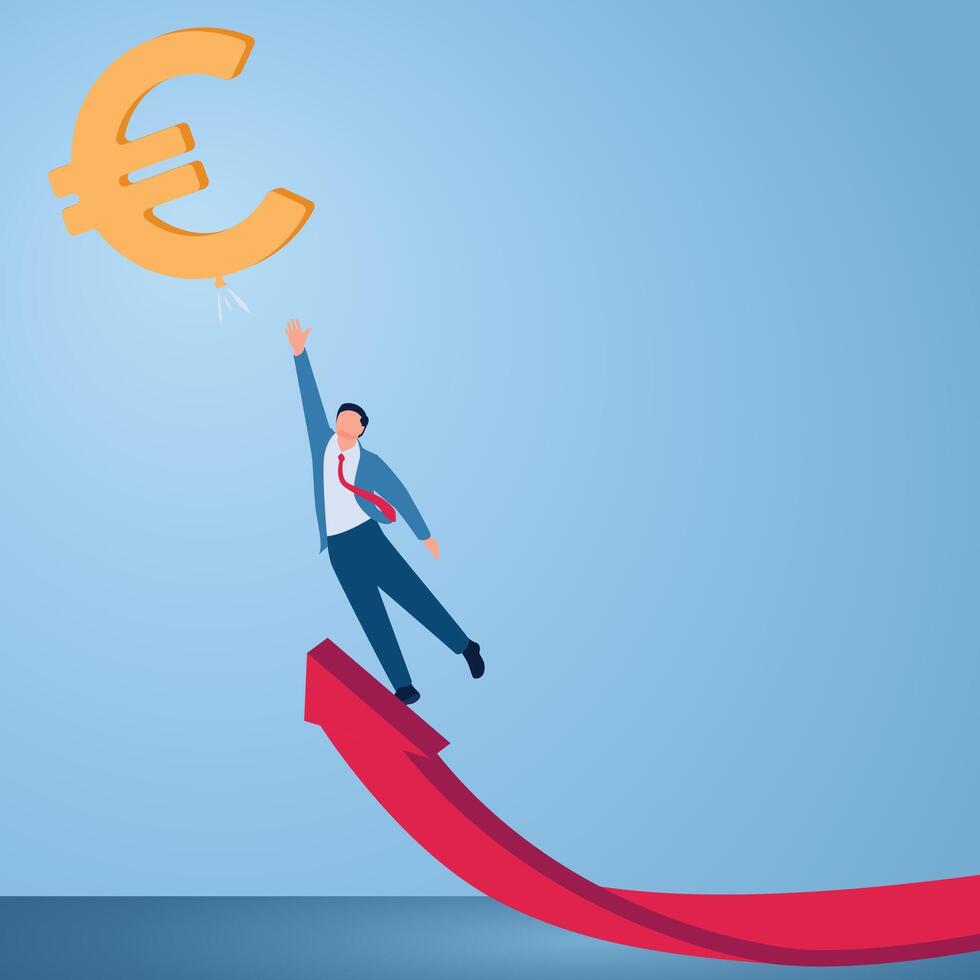 A man jumps from a rising graph trying to reach the euro symbol, an illustration of euro inflation. vector