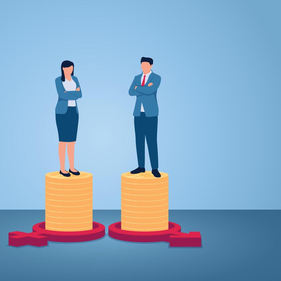 A man and woman stand on the same pile of coins, an illustration for gender equality. vector