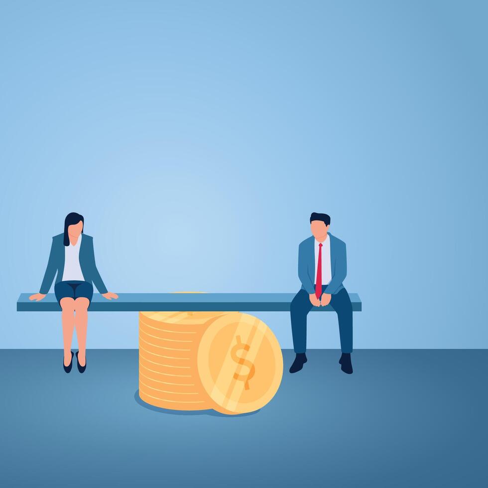 A man and woman sit on a balanced seesaw, an illustration for gender equality. vector