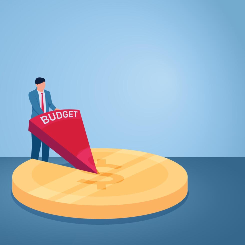 A man takes pieces of a coin from a whole coin, an illustration of budget cuts. vector