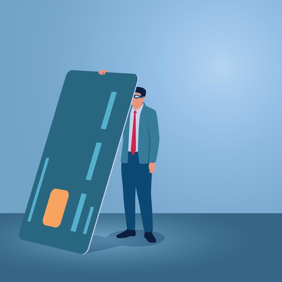 A man looks at the back of a credit card, illustration of credit card fraud. vector