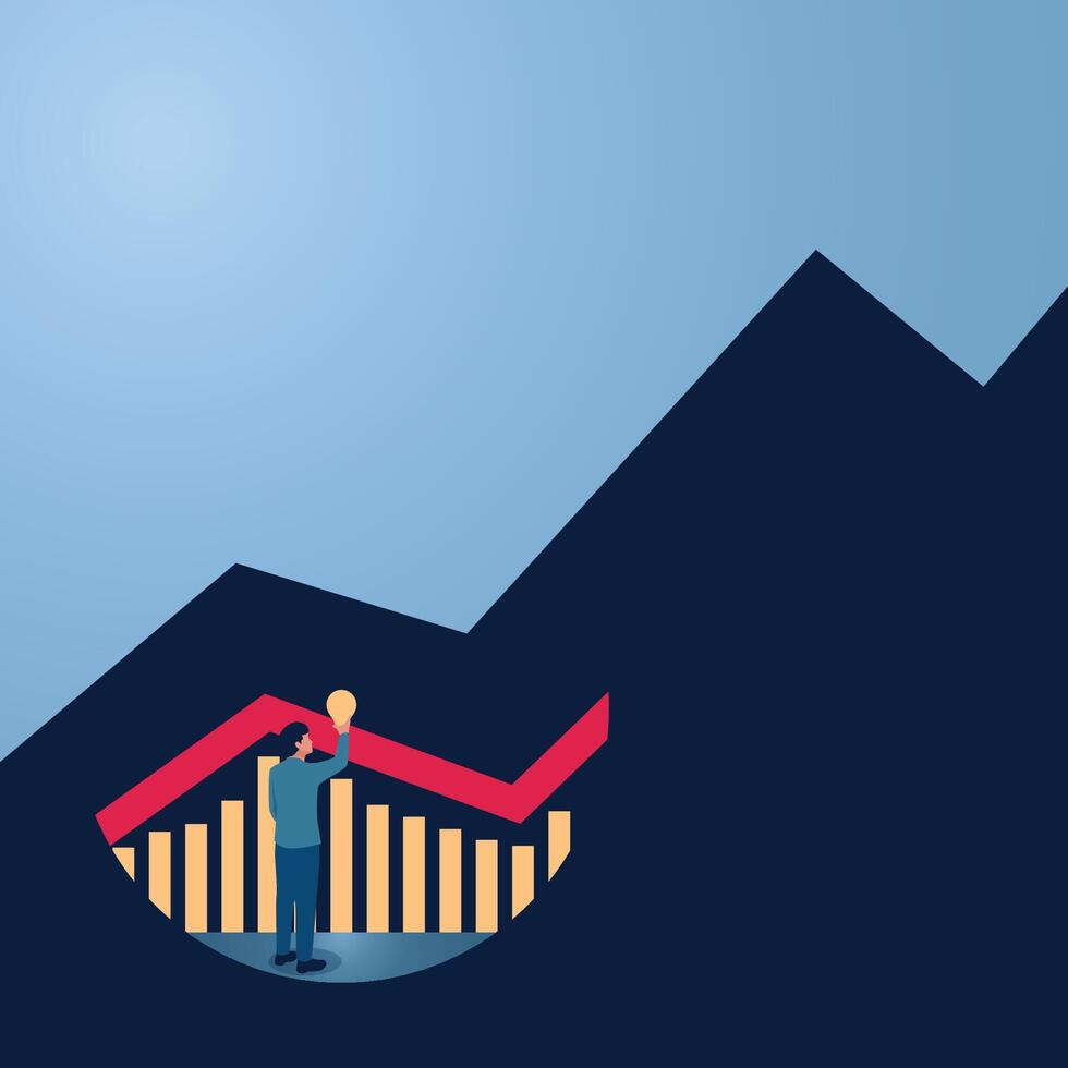 A man holding a lamp illuminates a rising business sales graph, an illustration to explore business, market predictions, the journey to success. vector
