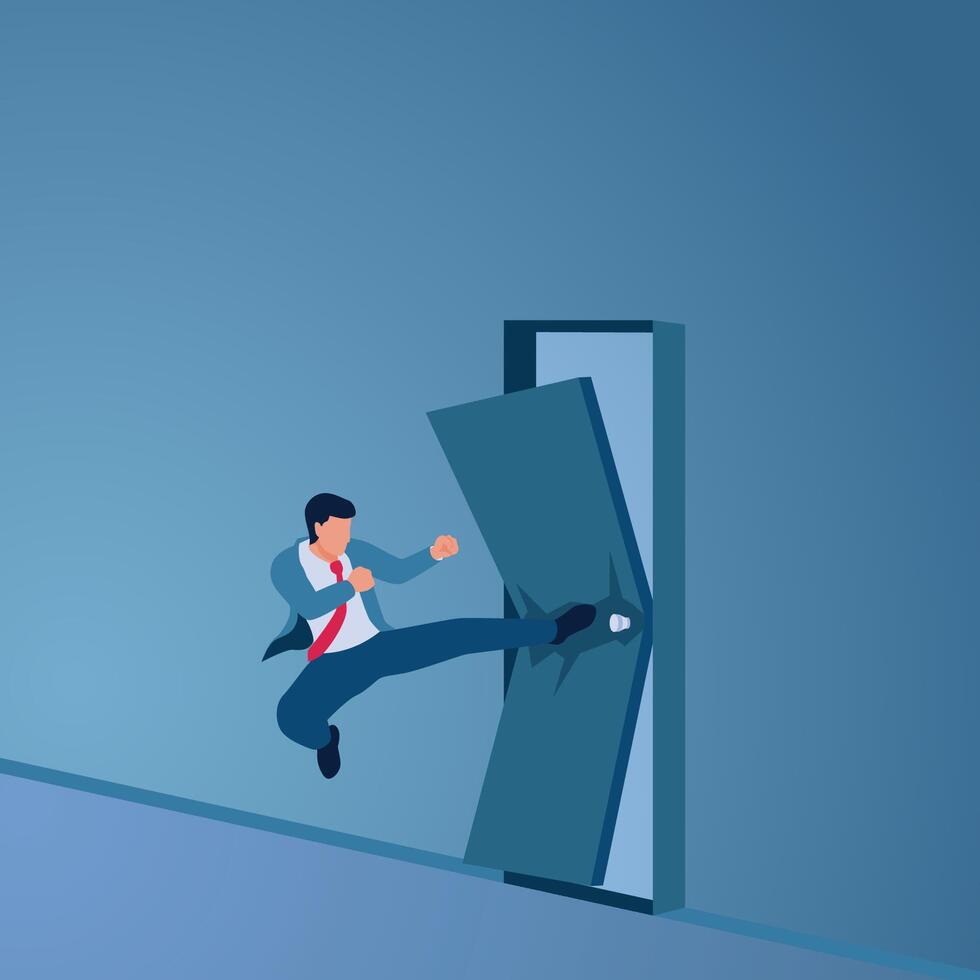 A man kicks a door hard until it breaks in two, an illustration of overcoming obstacles. vector