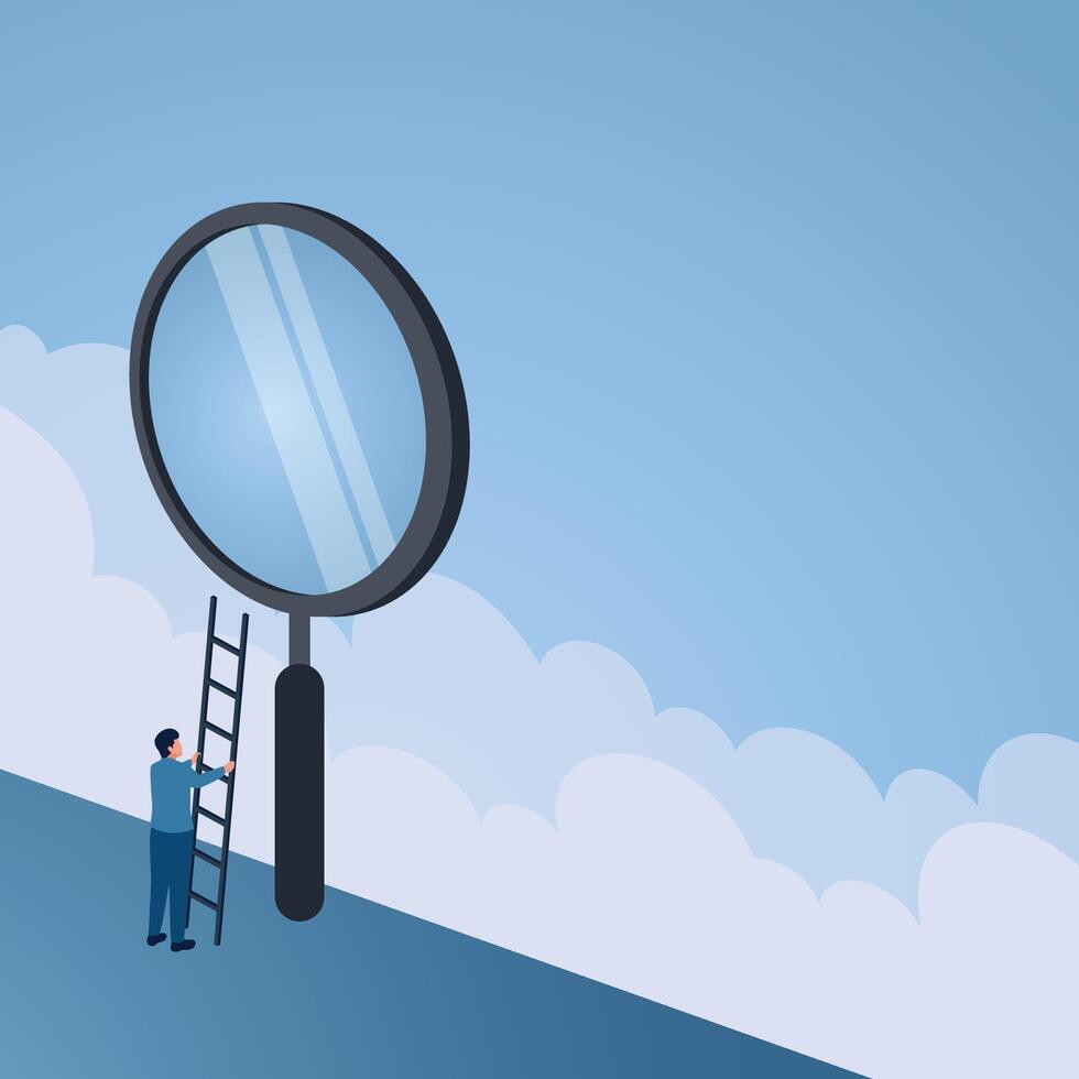 A man leaning a ladder against a large magnify looks at the sky, an illustration for a vision. vector