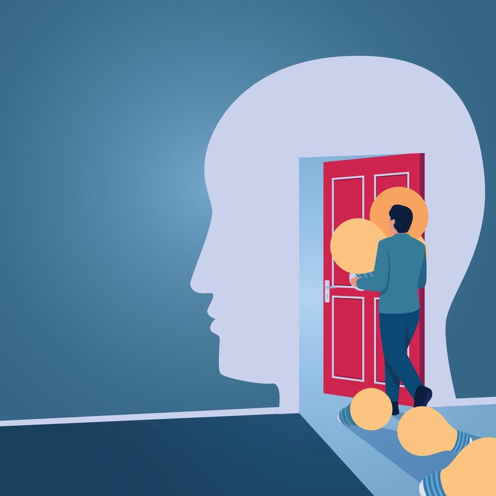 A man carrying a lamp of ideas enters through a door, an illustration of building a mindset. vector