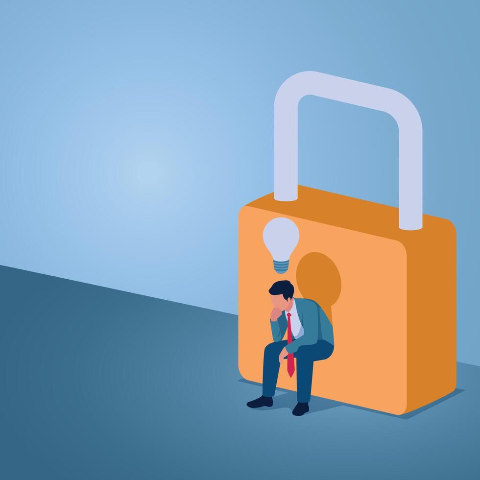 A man in front of a padlock and a light bulb flashing above his head, an illustration for a fixed mindset. vector