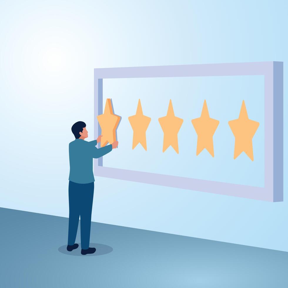 A man puts five stars as feedback. Illustration for feedback, customer review, client satisfaction. vector