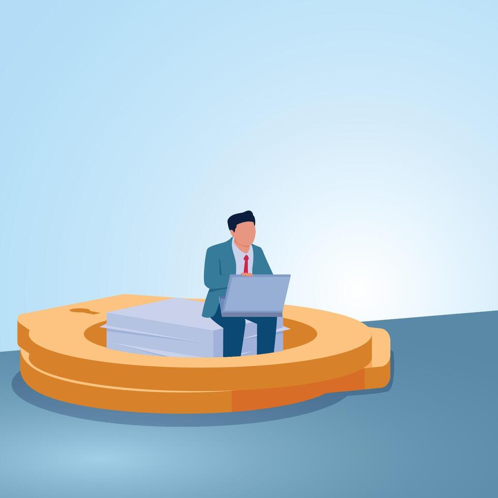 A man sits holding a laptop in golden handcuffs. Illustration for golden handcuffs, exclusive contract, binding workers. vector