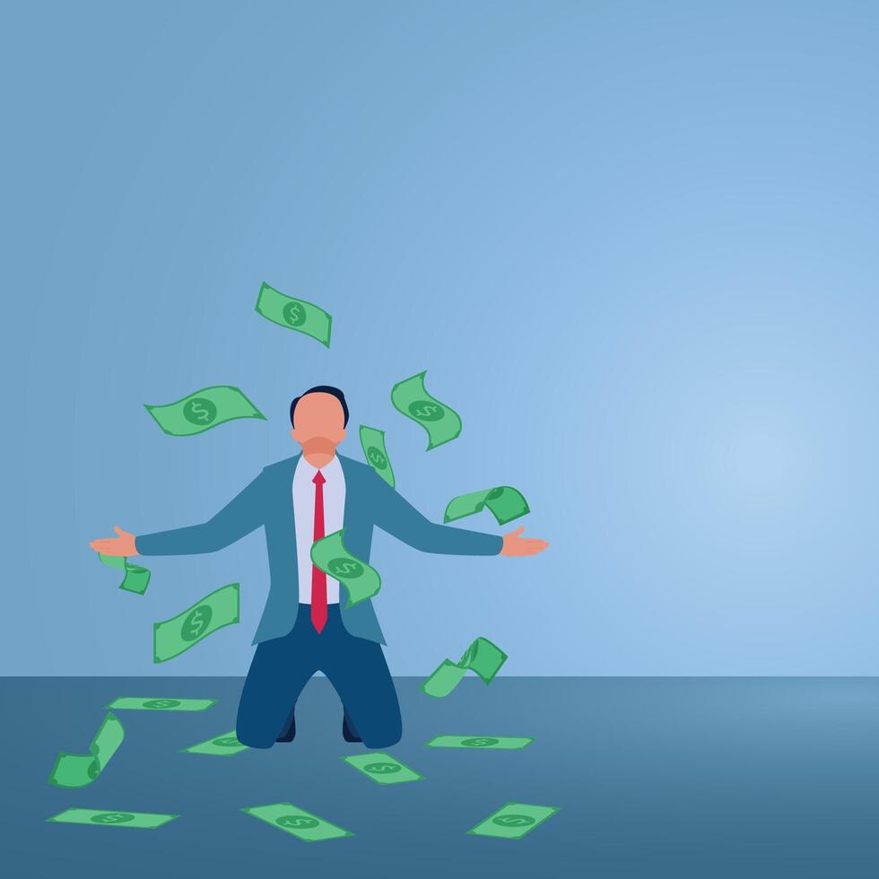 A man sits looking up and dollar bills are scattered. Illustration of overspending, big spending, too much shopping. vector
