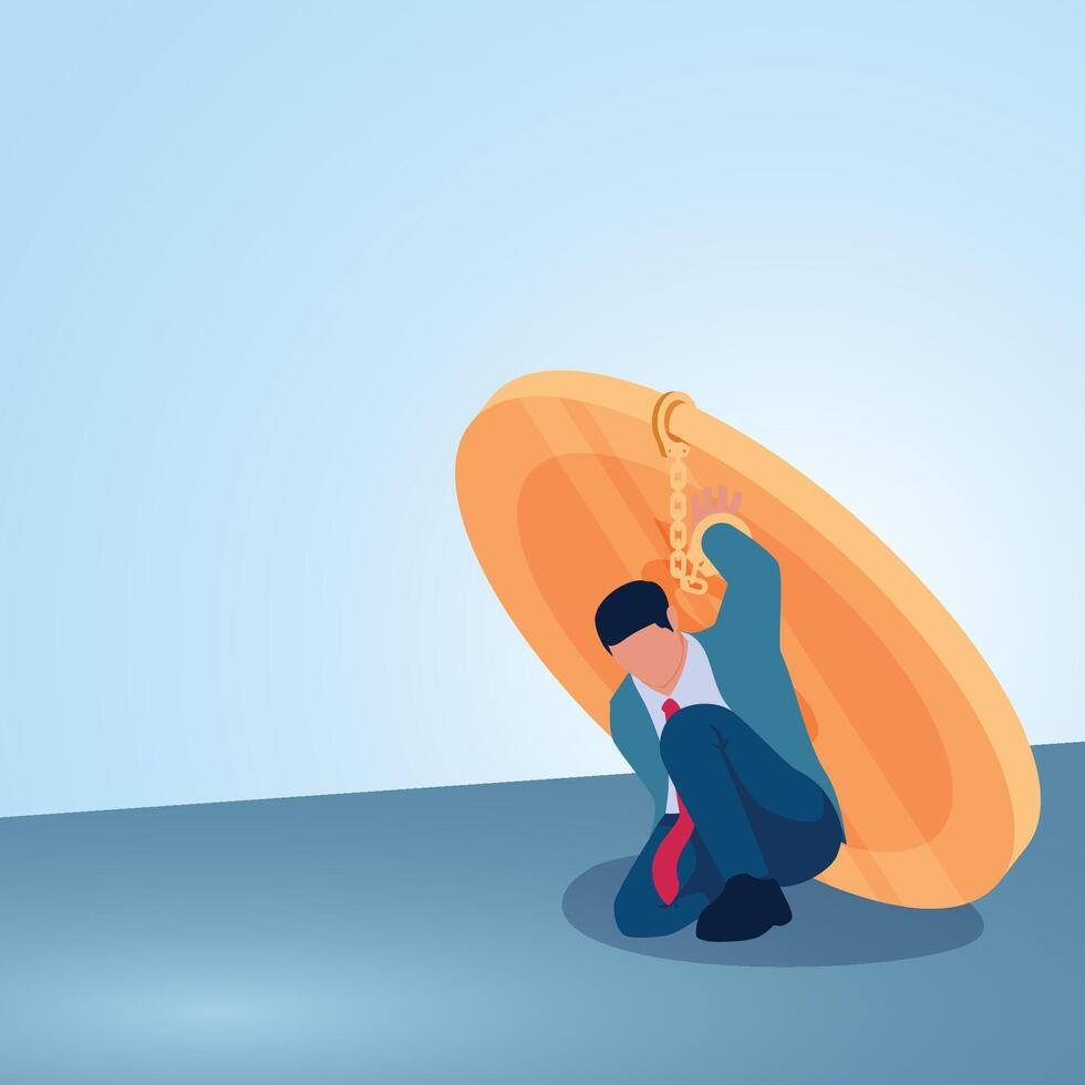 A squatting man with his hands cuffed with large gold coins tries to restrain him. Illustration for gold handcuffs, exclusive contract, binding workers. vector