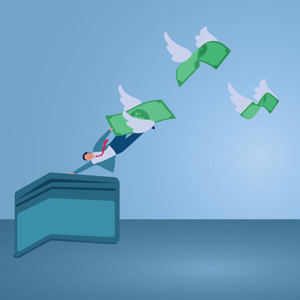 A man holds a wallet while money flies. Illustration of overspending, big spending, excessive shopping. vector