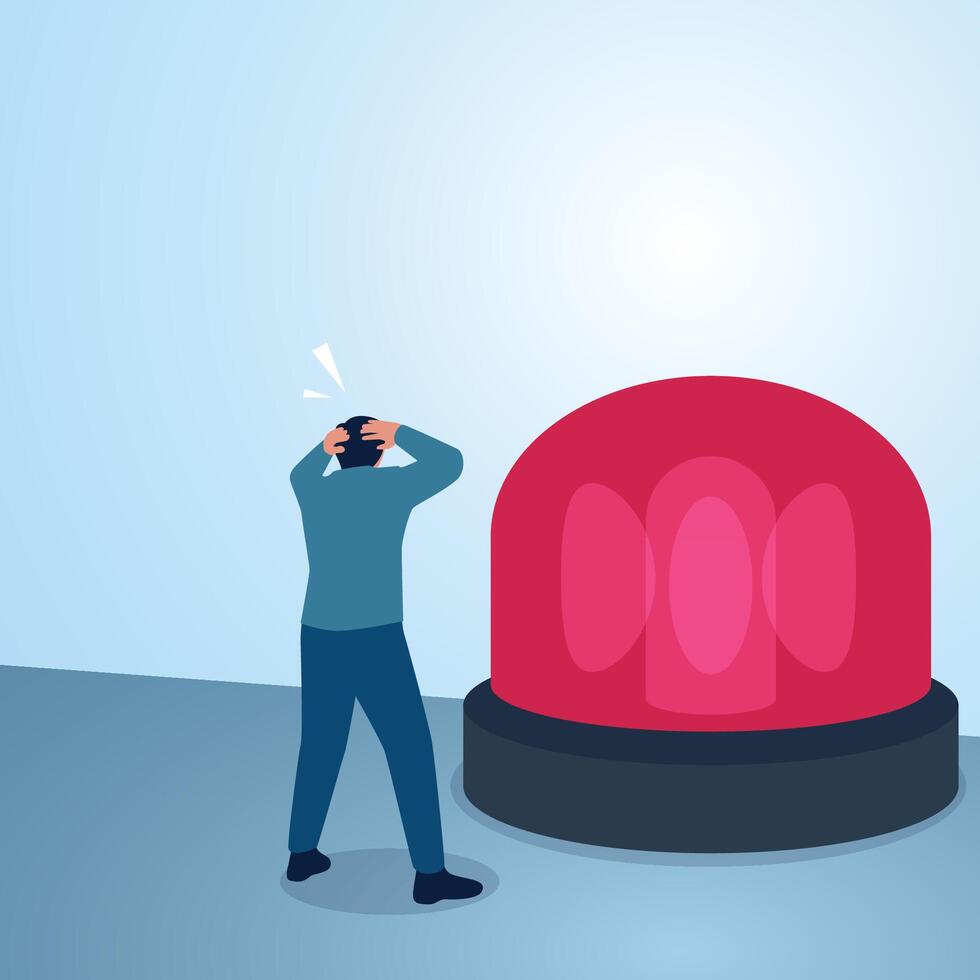A man panics seeing a big red light on. Illustration for warning, caution and alert. vector