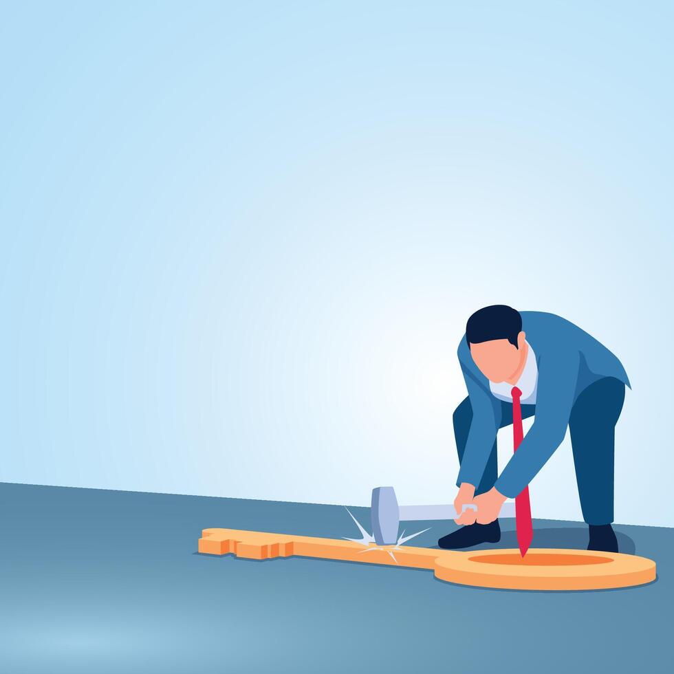 A man forges a key with a big hammer. Illustration for business keys, business systems and strategies, opportunities and motivation. vector
