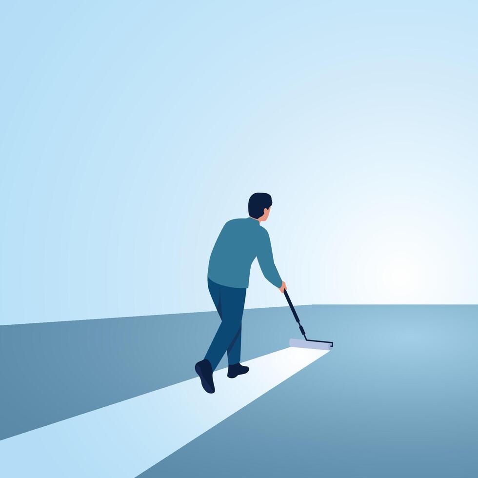 A man paints the path to the light of success. Illustration for making your own business path, career planning, skill development, professional way. vector
