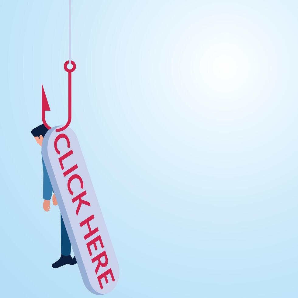 A man hanging from a fishing rod and it says click here. Illustration for click bait, digital phishing, online marketing. vector