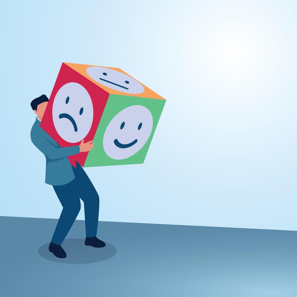 A man holds up dice in the form of satisfied and angry faces. Illustration for feedback, customer reviews, client satisfaction. vector