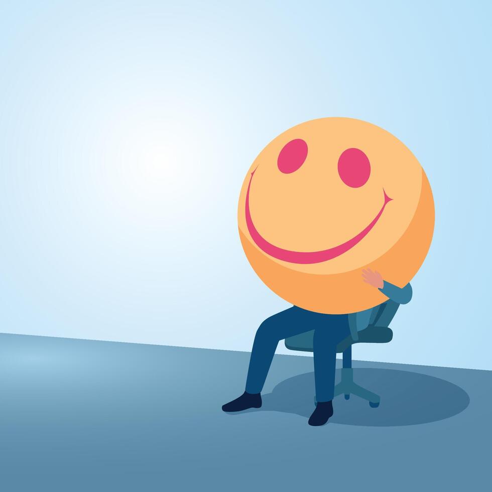A man sitting on a chair holding a big smiling ball. Illustration to be optimistic, cheerful, positive and happy. vector